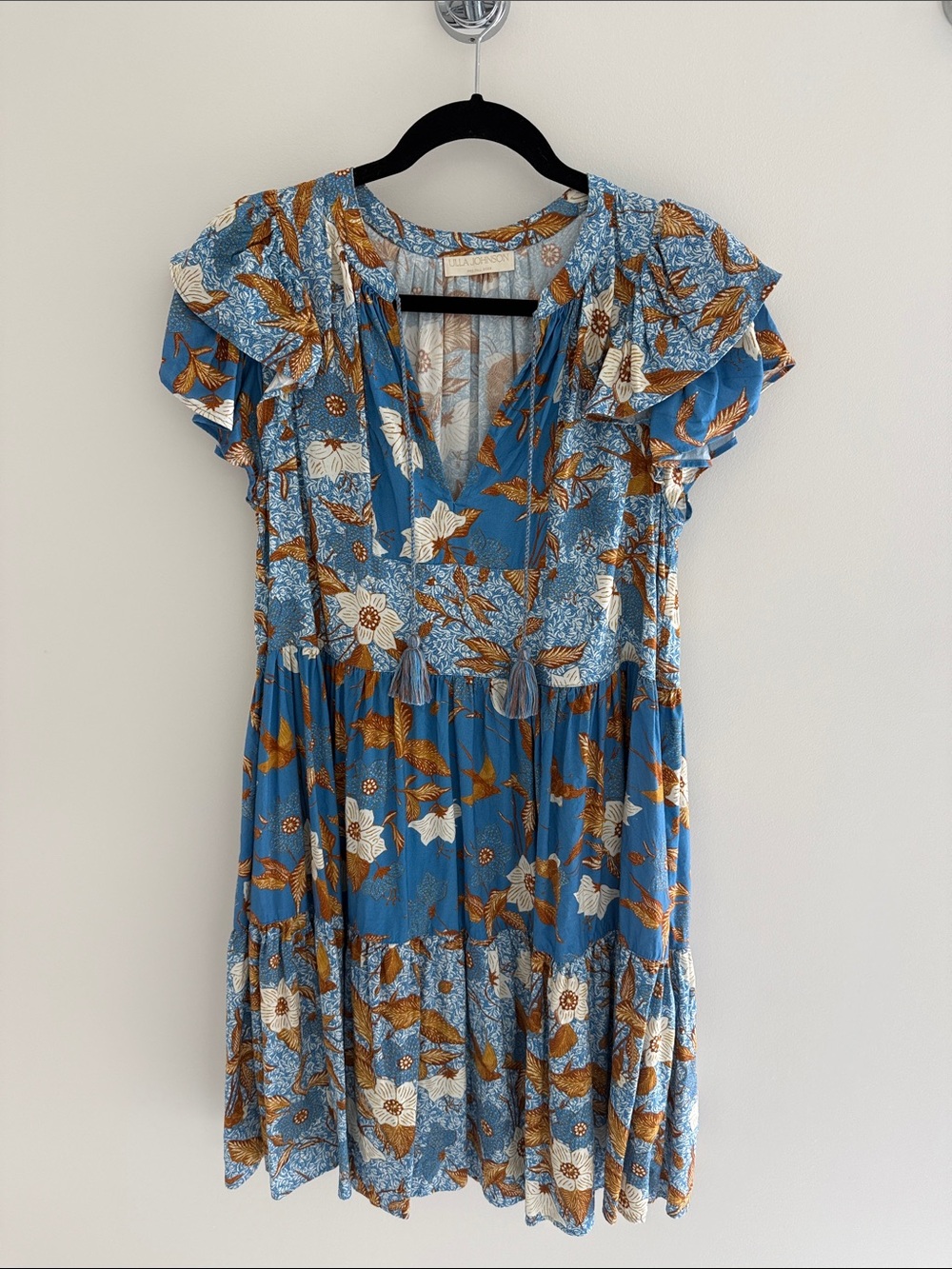 Ulla Johnson Blue Floral Ruffle Mini Dress with Rust Accents